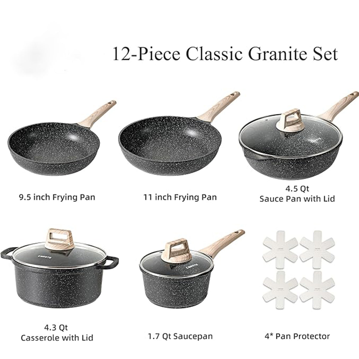 HarleyLand 12Pcs Pots and Pans Set Non Stick, Cookware Sets Induction Cookware Granite Cooking Set with Frying Pans, Saucepans, Saute Pan, Extra Large Casserole