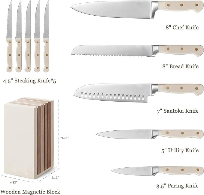 HarleyLand 11PCS Knife Set with Block for kitchen, Stainless Steel Razor-Sharp Blade, Triple Riveted Ergonomic Handle,Essential Knife Set, Beige,Brown