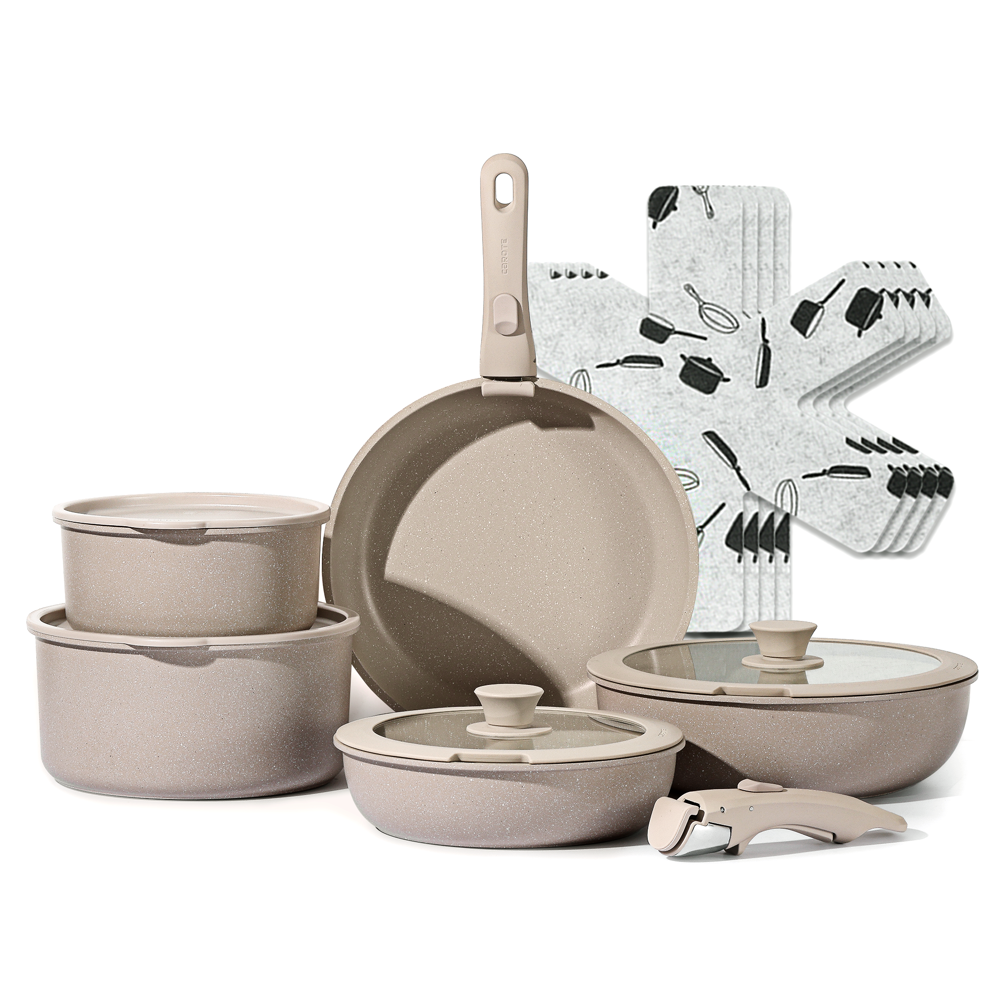 HarleyLand 15-Piece Nonstick Cookware Set with Detachable Handles Taupe