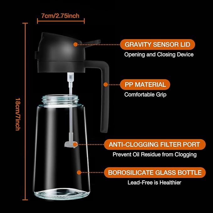 HarleyLand 16oz Oil Dispenser Bottle for Kitchen 2 in 1 Bottle,470ml Glass Oil Spray Bottle with Pourer,Olive Oil Dispenser, Oil Sprayer for Cooking, Oil Sprayer for Cooking, Salad, Frying,Barbecue,Kitchen Utensils,Orange,Black