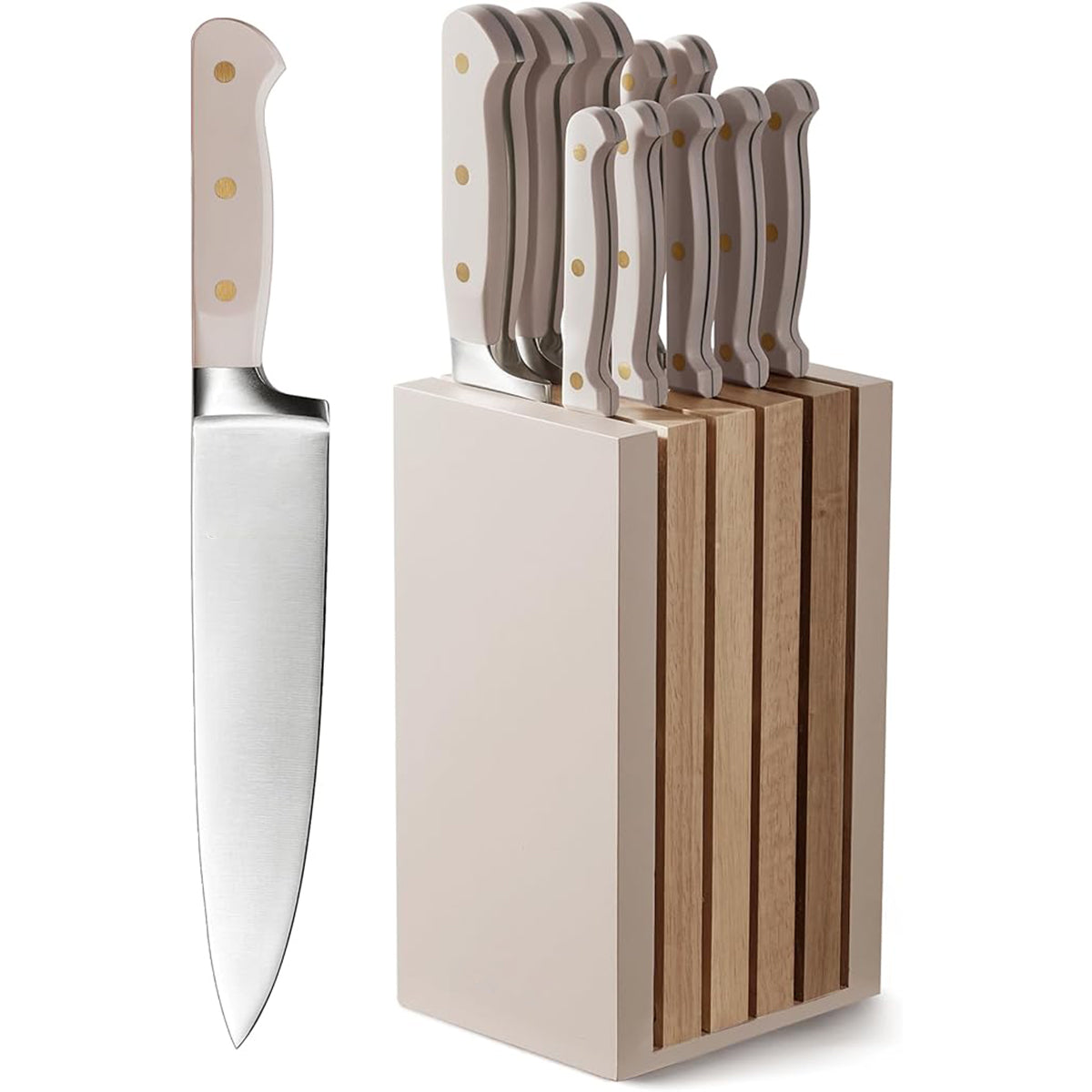 HarleyLand 11PCS Knife Set with Block for kitchen, Stainless Steel Razor-Sharp Blade, Triple Riveted Ergonomic Handle,Essential Knife Set, Beige,Brown