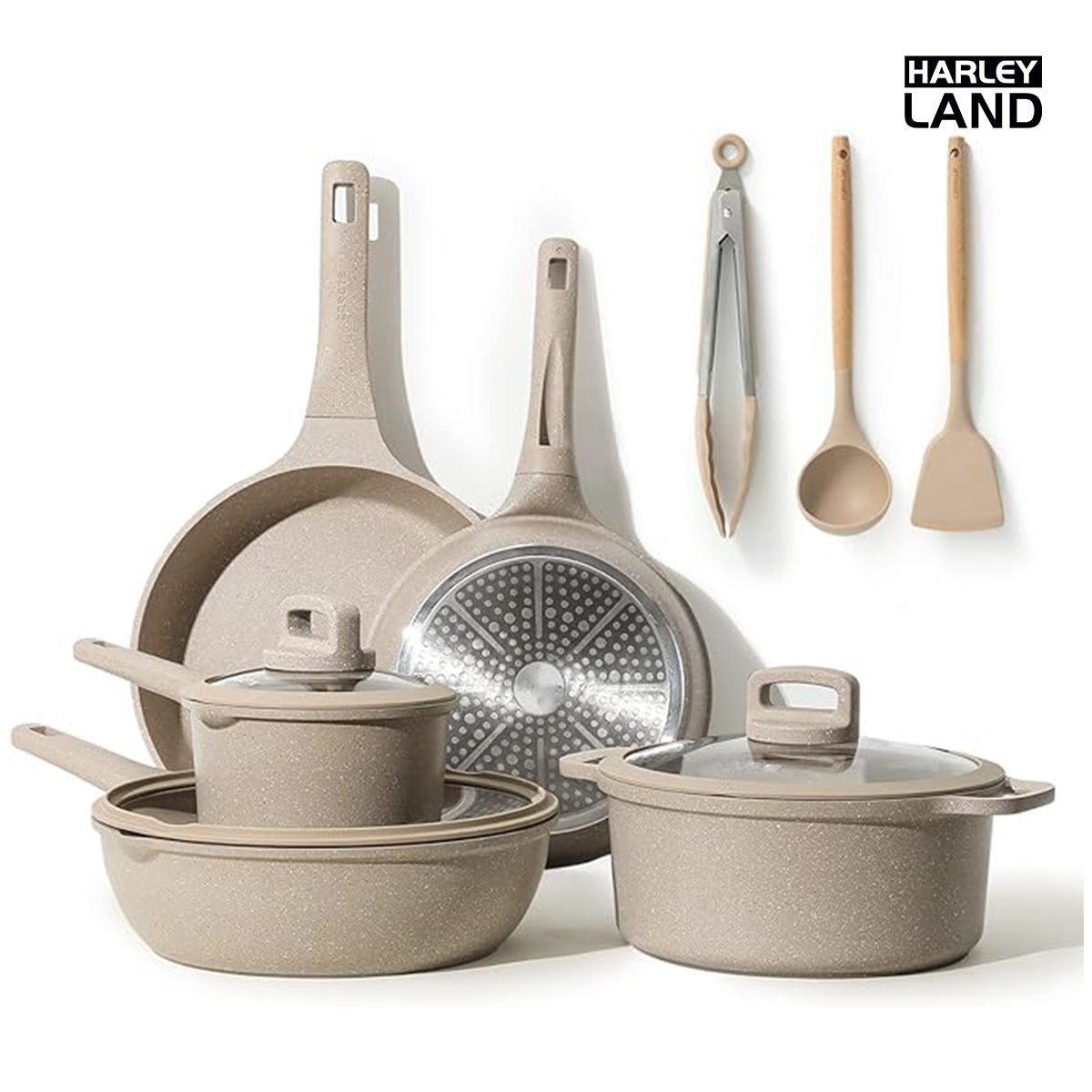 HarleyLand 11-Piece Pots and Pans Set Nonstick,Stackable Induction Cookware, Pot and Pan Set, Pans for Cooking, Taupe Granite