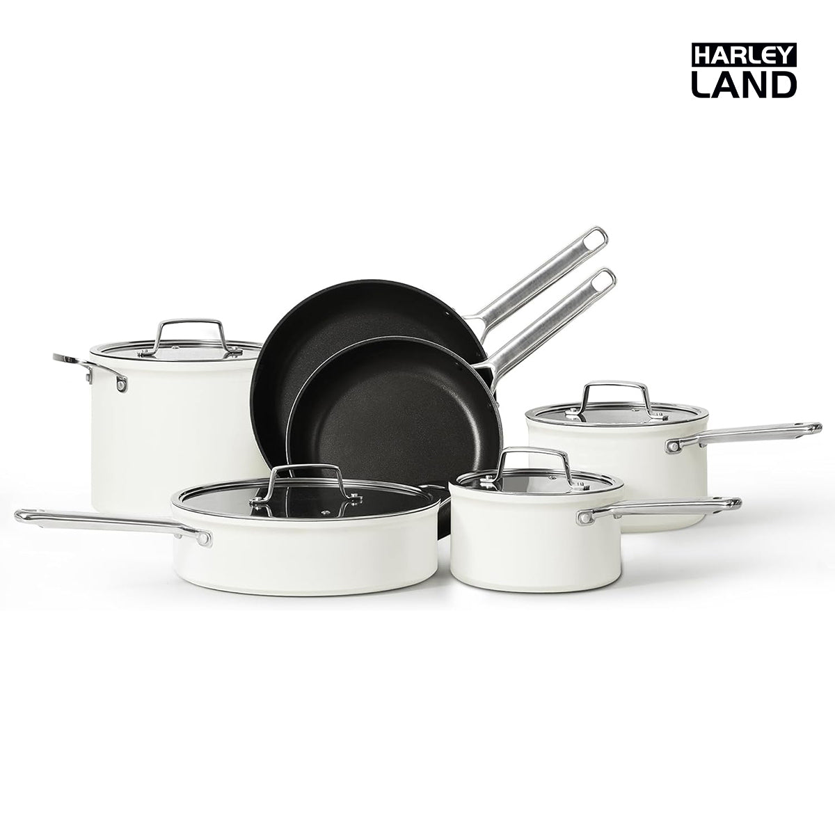 HarleyLand 10PCS New York Collection Nonstick Cookware Set, Premium Pots and Pans Set Non Stick, Heavy Gauge Kitchen Cookware Sets, Dishwasher Safe, Oven Safe Up to 500°F, White