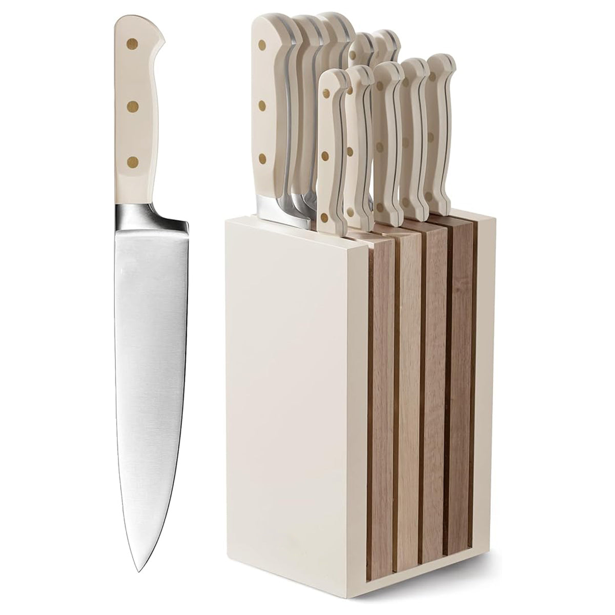 HarleyLand 11PCS Knife Set with Block for kitchen, Stainless Steel Razor-Sharp Blade, Triple Riveted Ergonomic Handle,Essential Knife Set, Beige,Brown